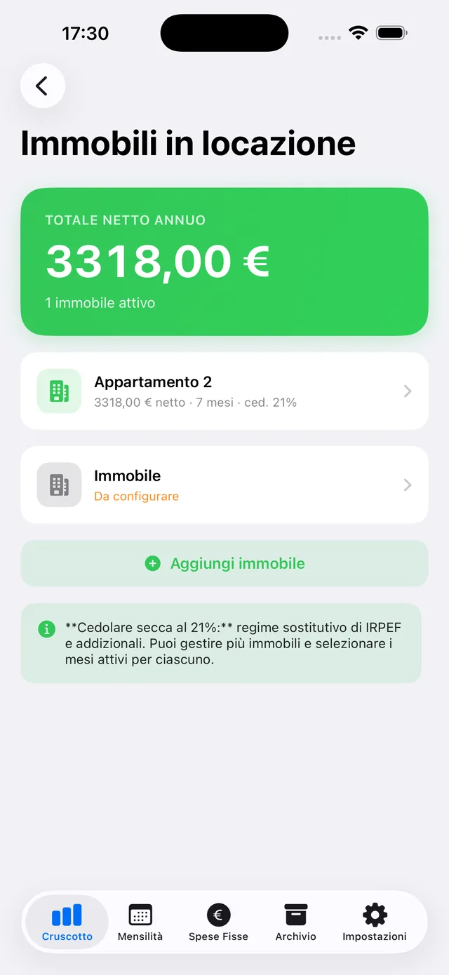 Schermata Immobili in locazione con totale netto annuo e calcolo della cedolare secca