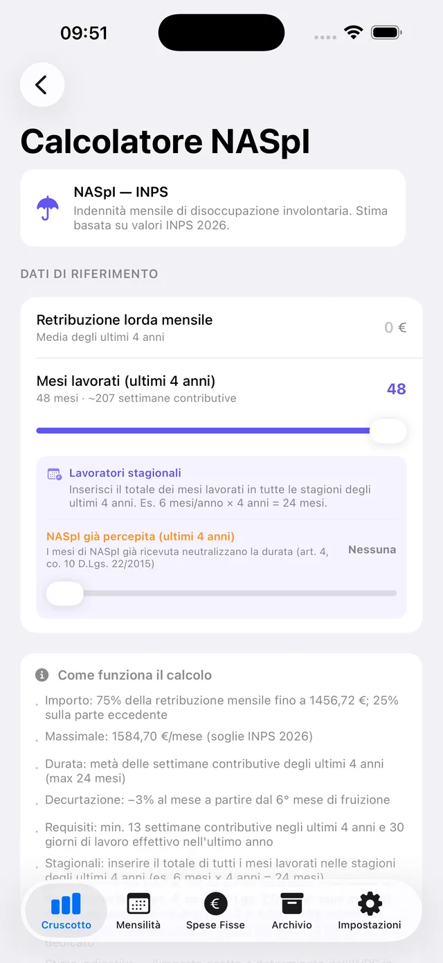 Calcolatore NASpI con retribuzione lorda mensile, mesi lavorati e regole di calcolo dell'indennità