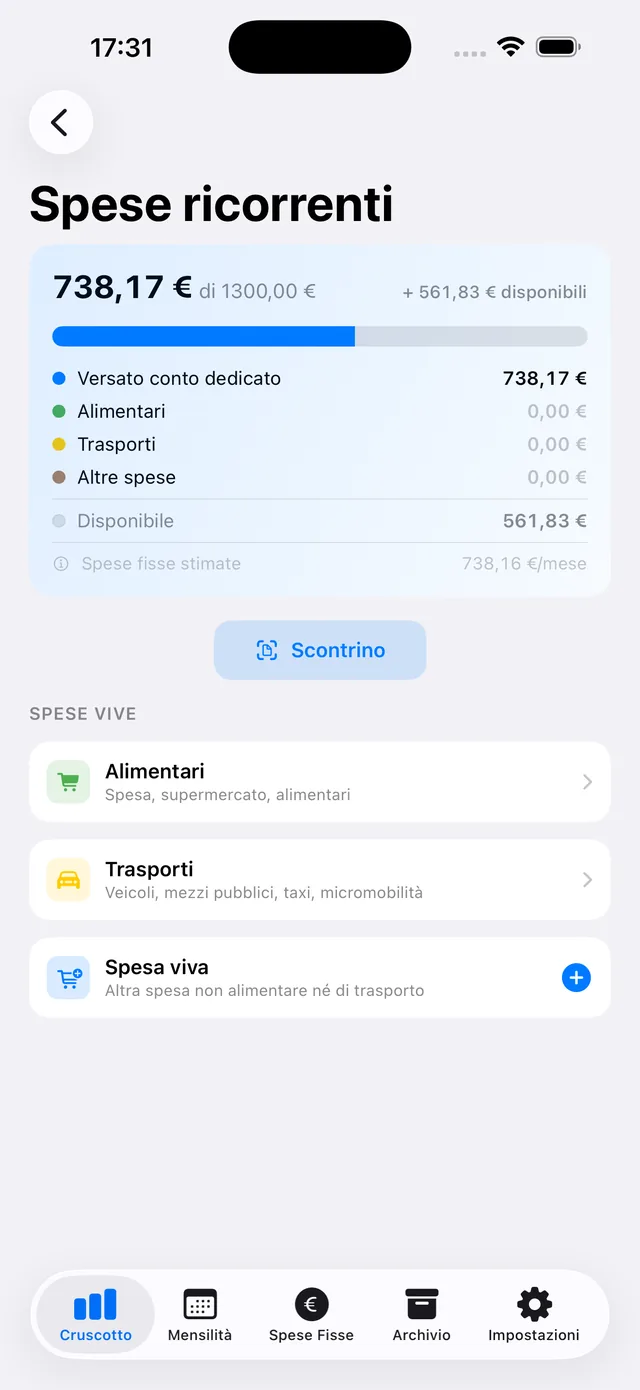 Schermata Spese ricorrenti con pulsante Scontrino per l'OCR e categorie alimentari, trasporti, spesa viva