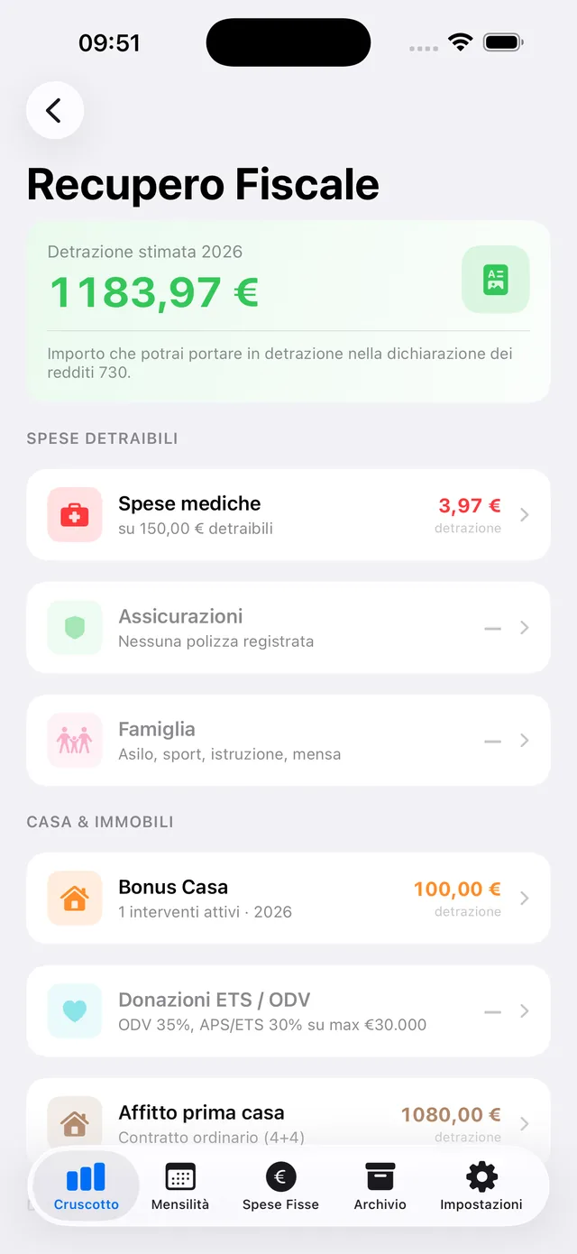 Schermata Recupero Fiscale con detrazione stimata 2026 e spese detraibili per il 730